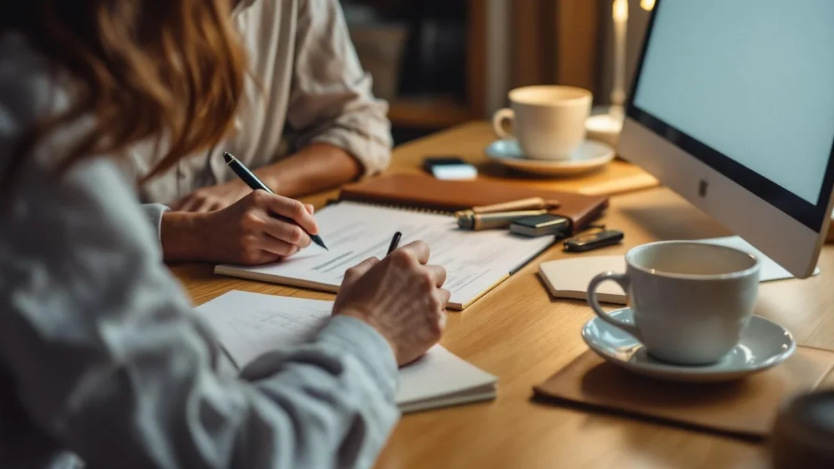 Bureau matinal en bois clair avec carnet, documents flous, monnaie et personne consultant un dossier