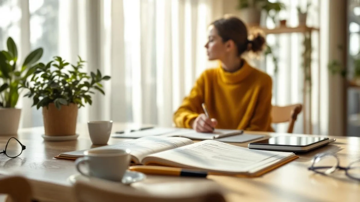 Bureau matinal avec carnet, feuilles comparatives et personne réfléchissant à une décision financière.