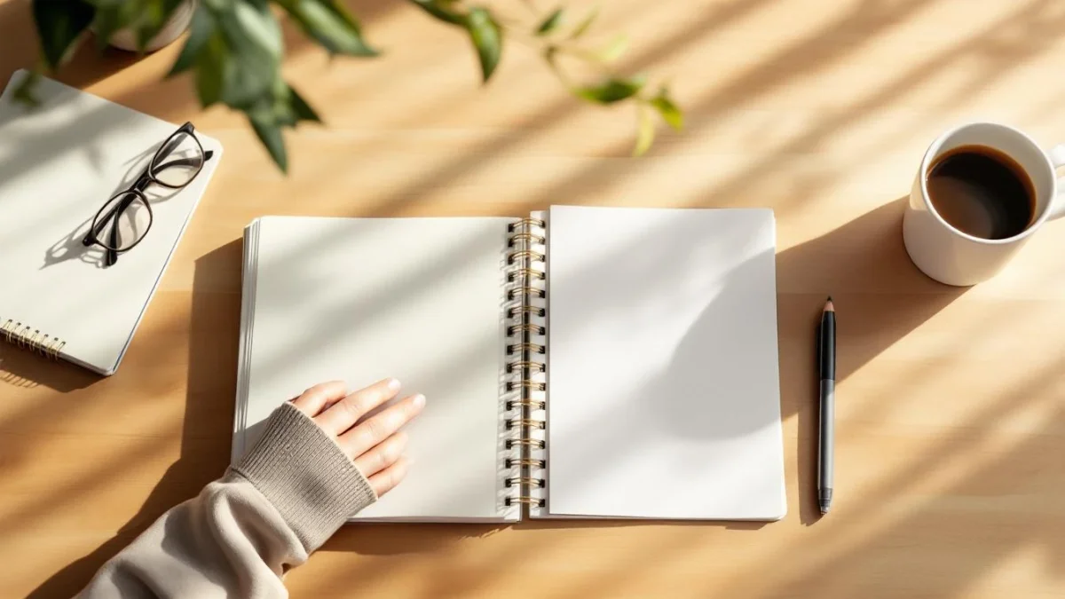 Bureau matinal en bois avec carnet, mock‑ups de parts d'ETF, lunettes et tasse de café; deux personnes discutent calmement en arrière‑plan.