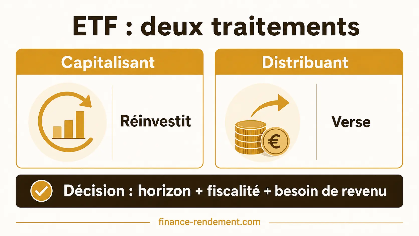 Infographie comparant ETF capitalisant et ETF distribuant