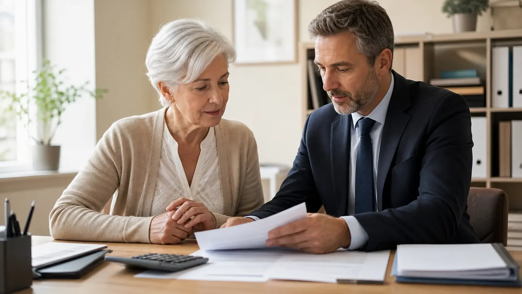 Conseiller retraite aidant une personne à estimer sa pension de réversion