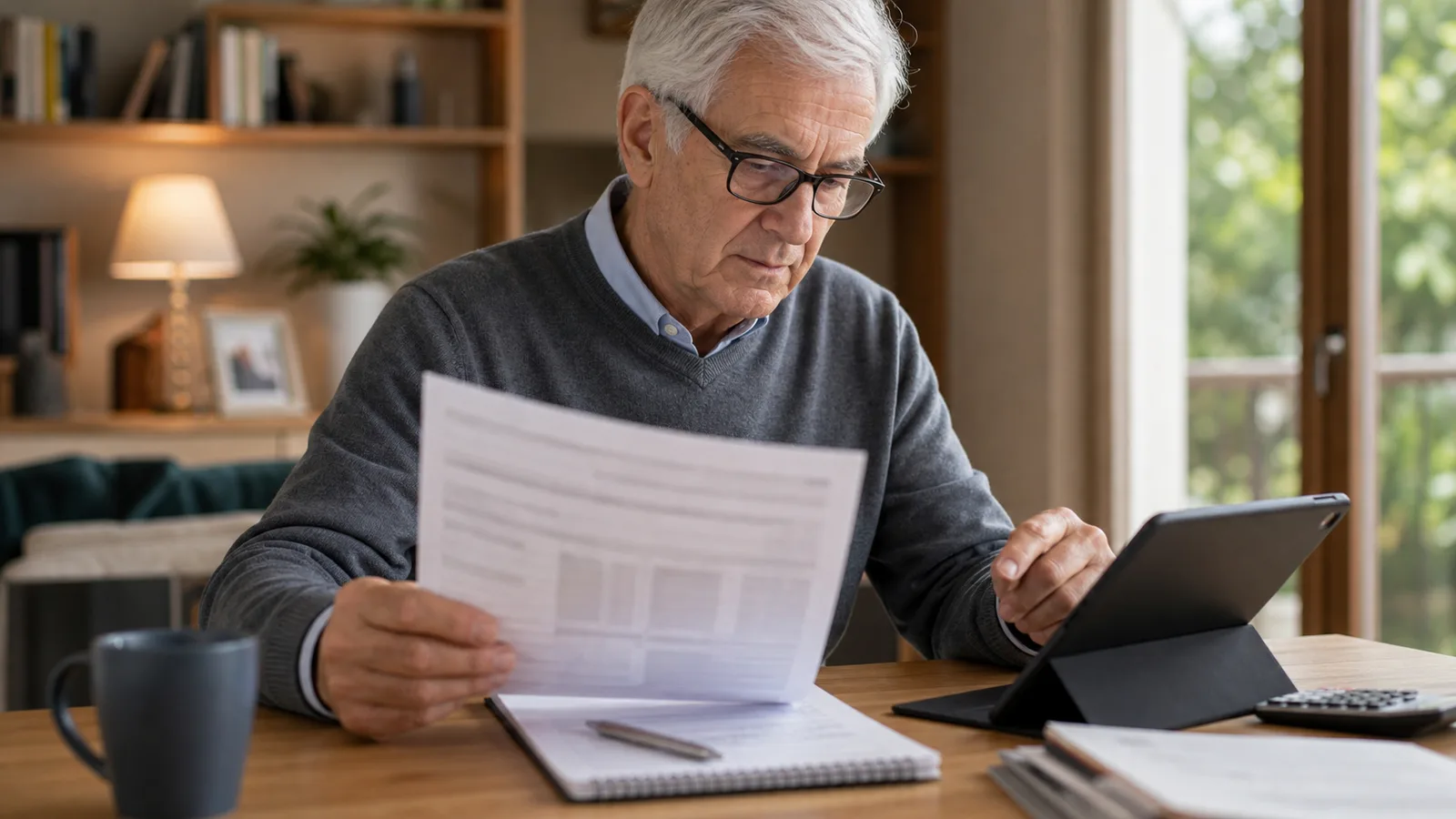Personne senior consultant un dossier de retraite avec une tablette