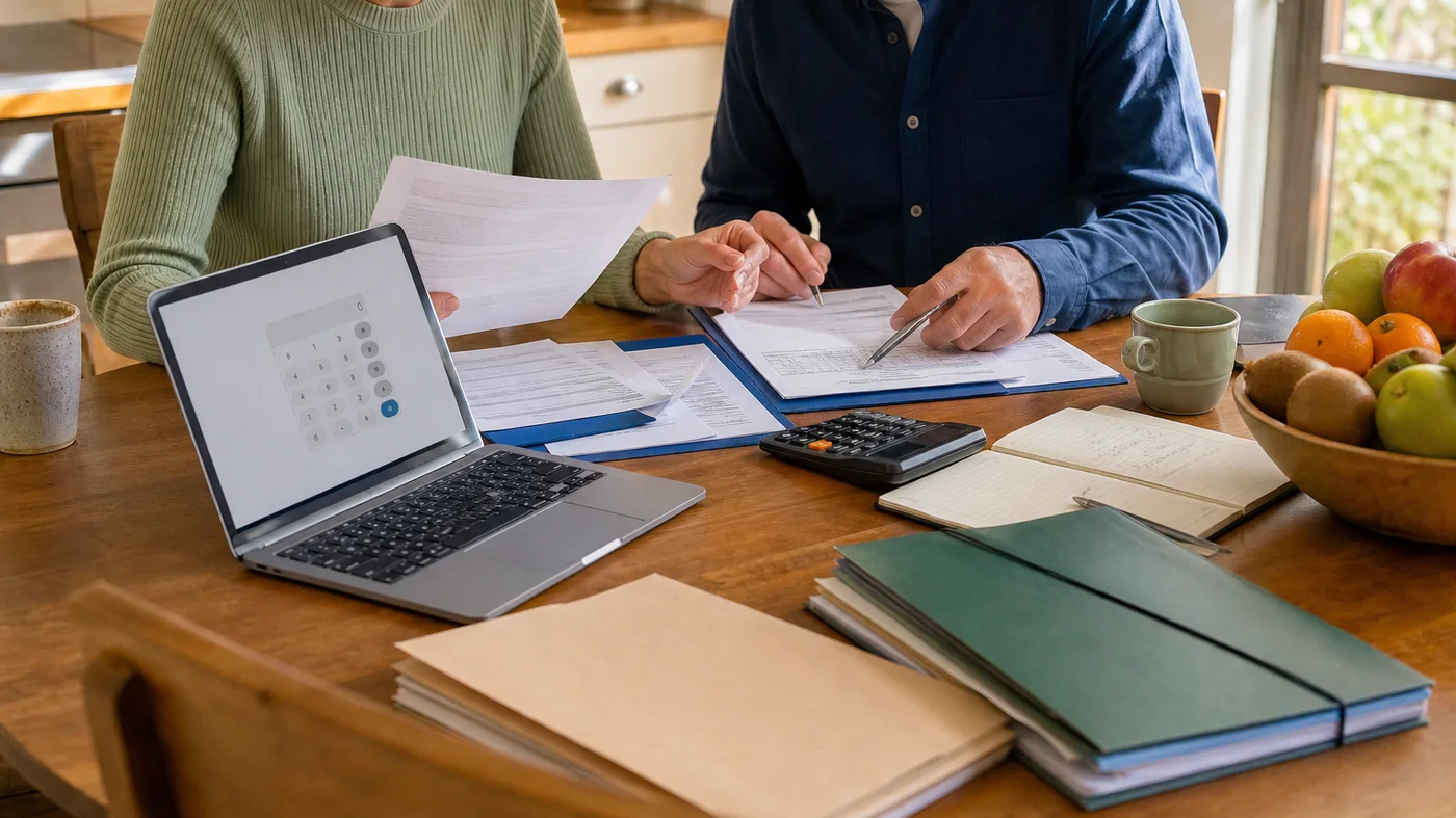 Couple comparant un budget mensuel et des documents de retraite