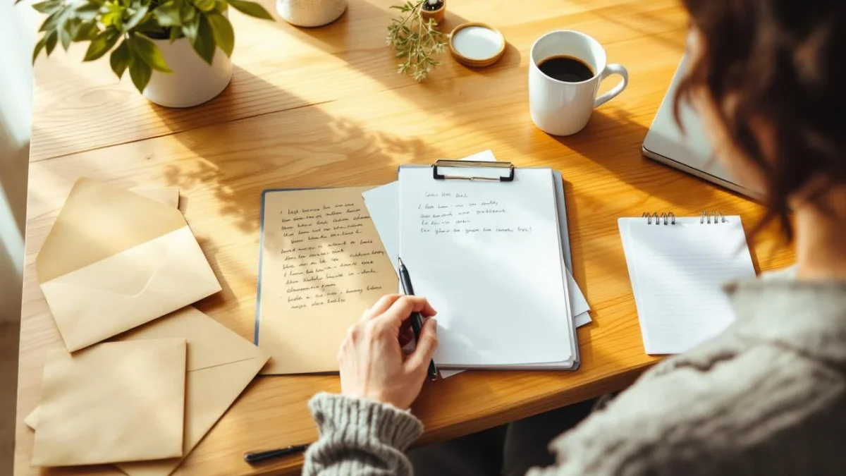 Personne concentrée à un bureau en bois avec carnet, documents triés et tasse de café, lumière du matin