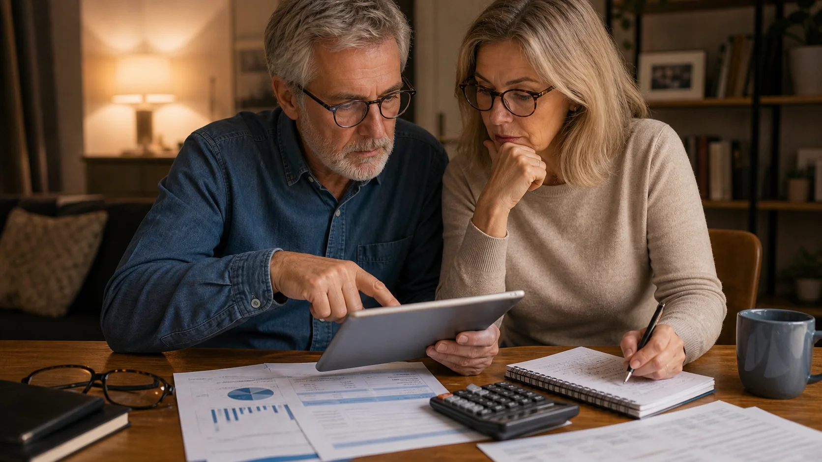 Couple vérifiant un budget de retraite anticipée avec tablette, calculatrice et documents