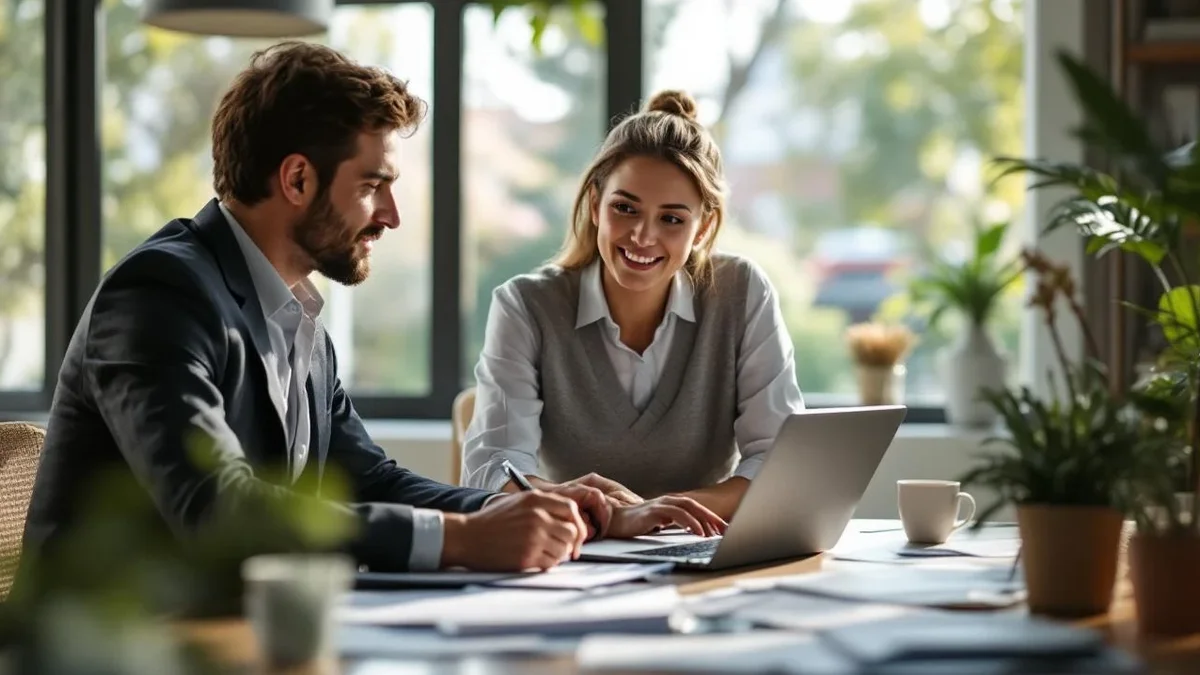 Consultation entre un courtier et un client dans un bureau lumineux, moment de décision