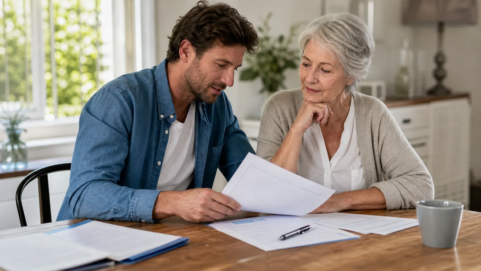 Parent et enfant adulte relisant des documents de transmission liés à une assurance vie