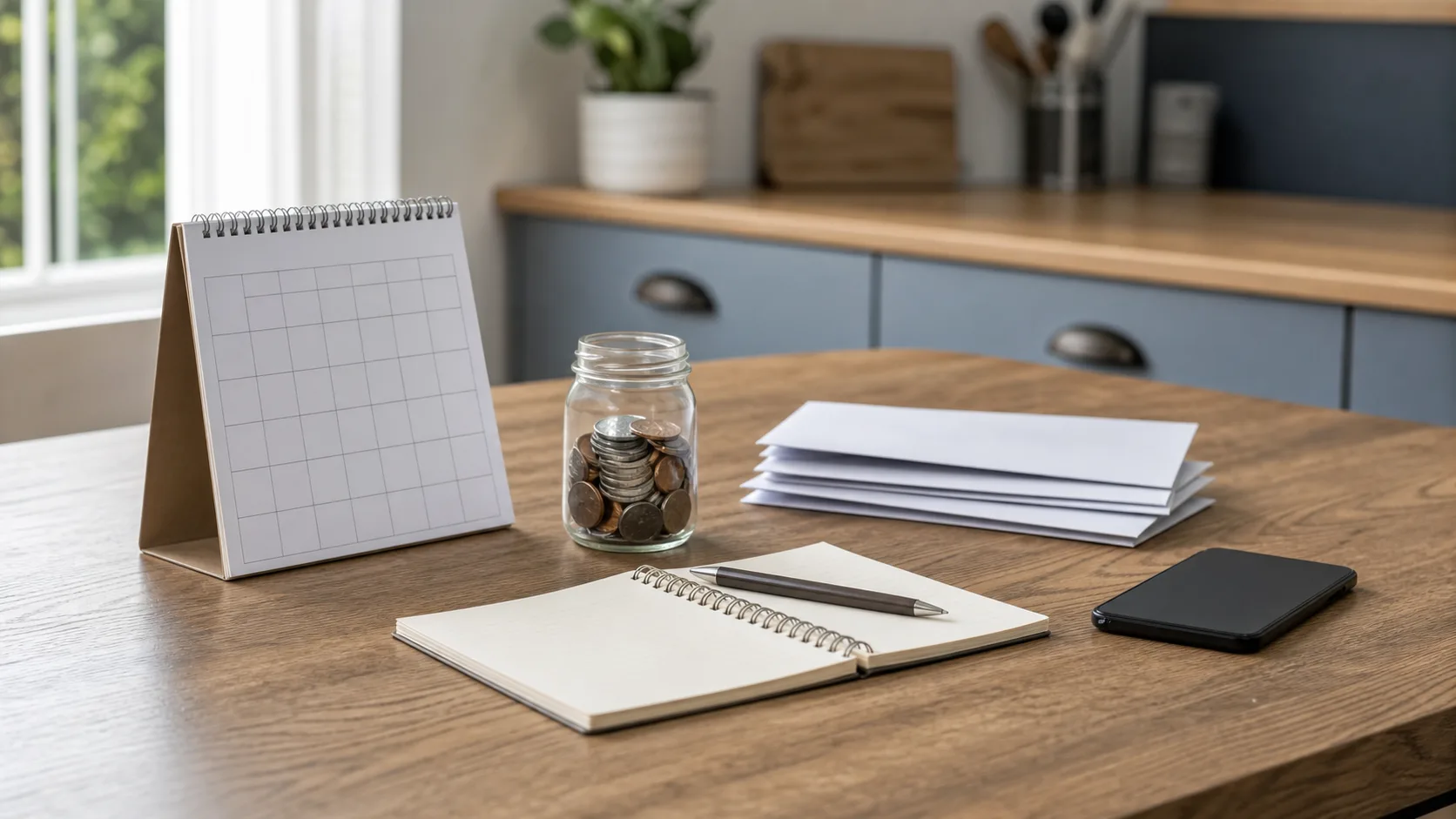 Calendrier, enveloppes et bocal de pièces pour organiser une épargne de sécurité