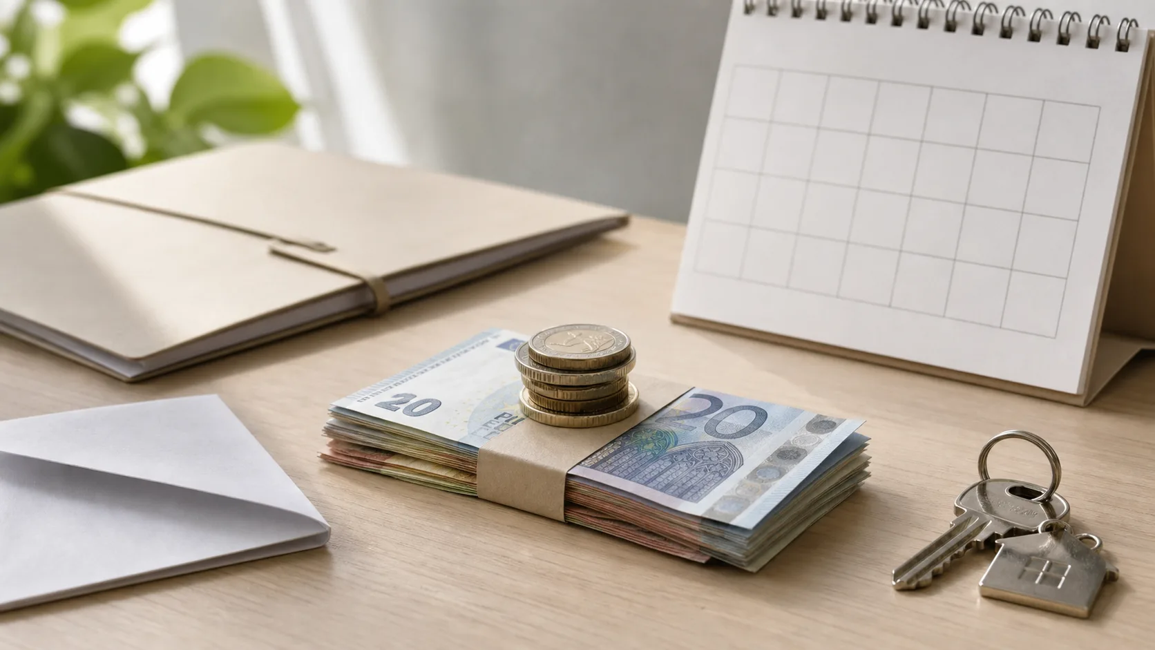 Clés, calendrier neutre et billets pour représenter une épargne de projet daté