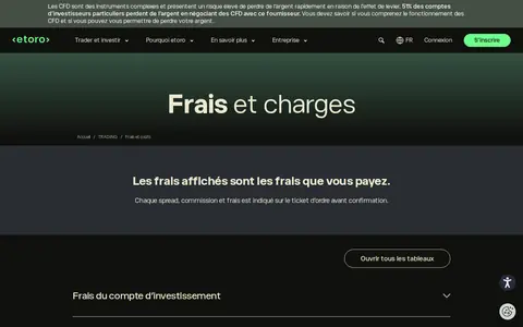 Capture : la page frais du site d’eToro