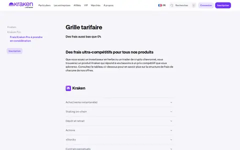 Capture : la grille des frais publiée sur le site de Kraken