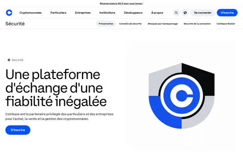 Page sécurité du site officiel de Coinbase