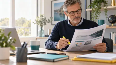 Épargnant lisant le rapport annuel de son assurance vie avec un surligneur