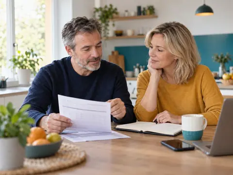 Couple relisant ses comptes à la table de la cuisine