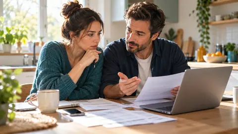 Couple vérifiant son budget à la table de la cuisine