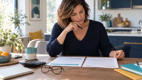 Personne comparant deux contrats d'assurance vie sur une table de cuisine
