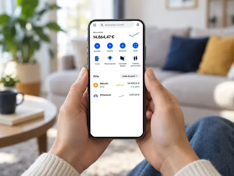 Mains tenant un smartphone affichant l’application Coinbase