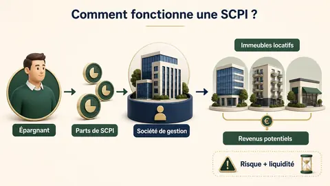 Infographie expliquant le fonctionnement d’une SCPI, de l’épargnant aux immeubles locatifs