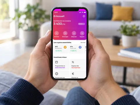 Mains tenant un smartphone affichant l’application Coinhouse
