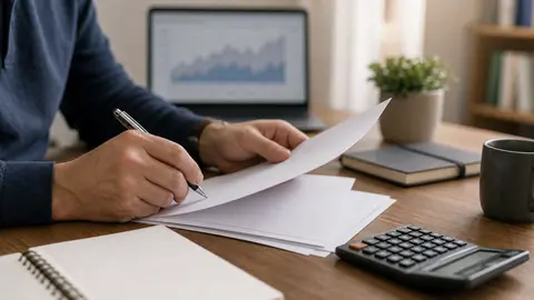 Investisseur vérifiant des documents obligataires avec une calculatrice