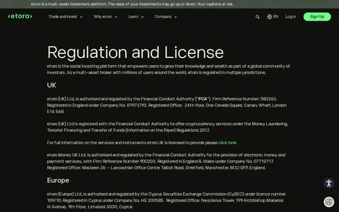 Capture : la page réglementation et licences du site d’eToro