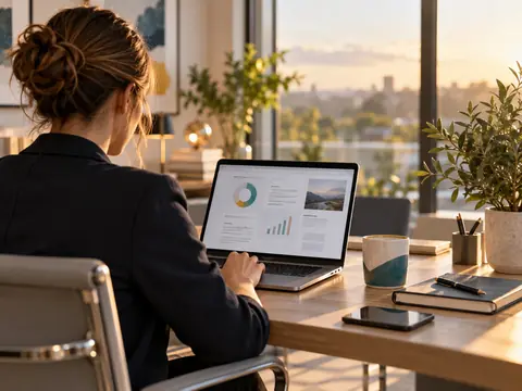 Personne consultant un document de gestion immobilière sur un ordinateur portable
