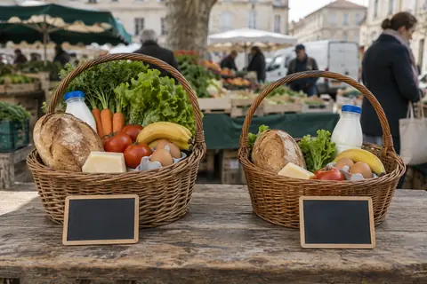 Deux paniers de courses de tailles différentes sur un étal