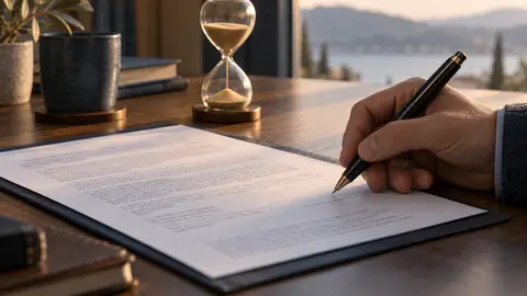 Lecture d’un contrat de placement posé à côté d’un sablier
