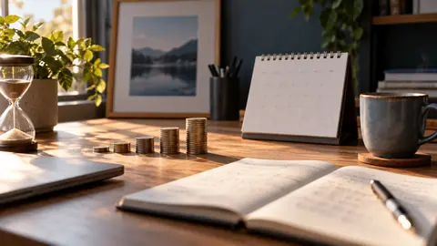 Pièces, calendrier et carnet disposés sur un bureau