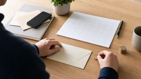 Préparation d’un versement régulier avec enveloppe et planning vierge