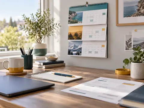 Un calendrier sur trois ans posé sur un bureau