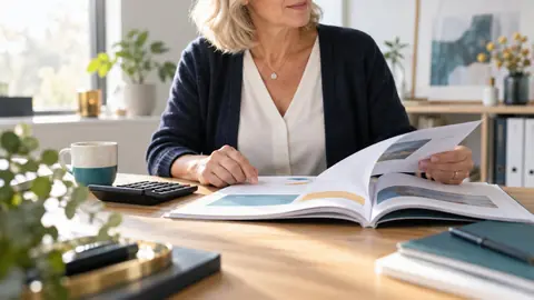 Épargnante consultant son rapport annuel d'assurance vie