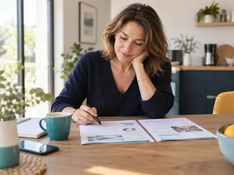 Épargnante comparant deux relevés de contrat d'assurance vie à sa table