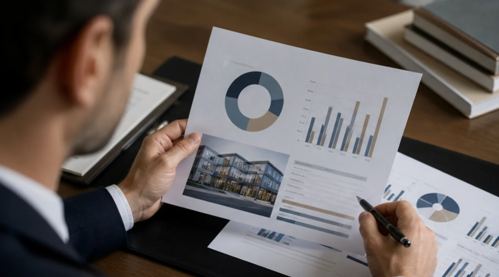 Investisseur lisant des documents de SCPI et un portefeuille immobilier
