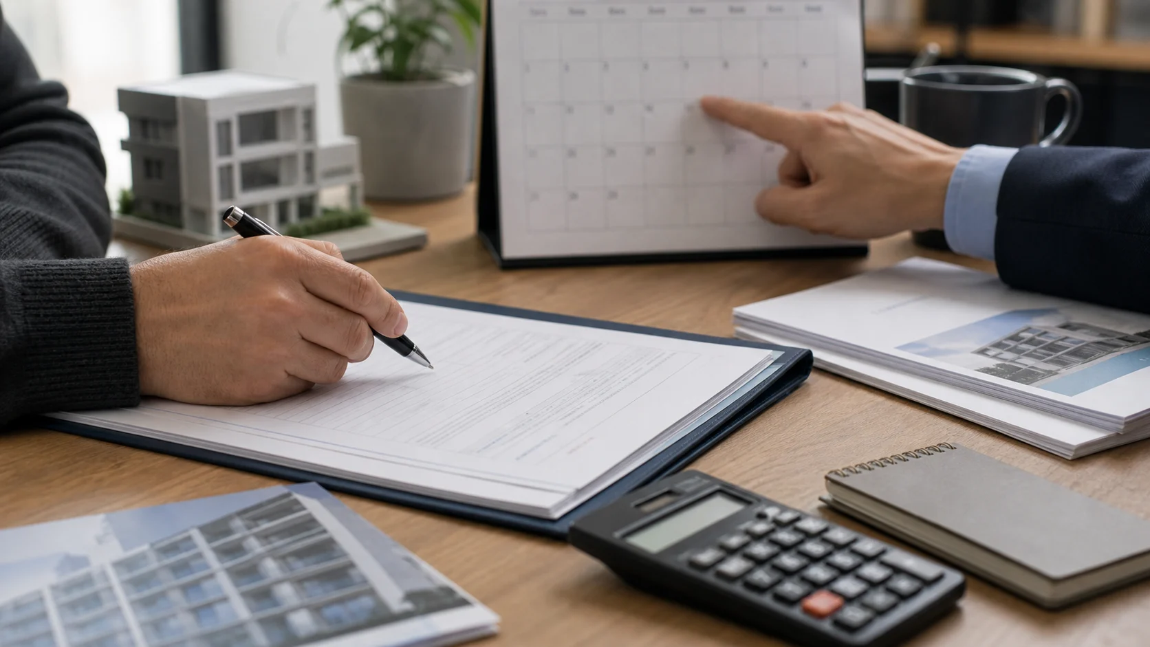 Main pointant un calendrier à côté d’un dossier de revente de parts de SCPI