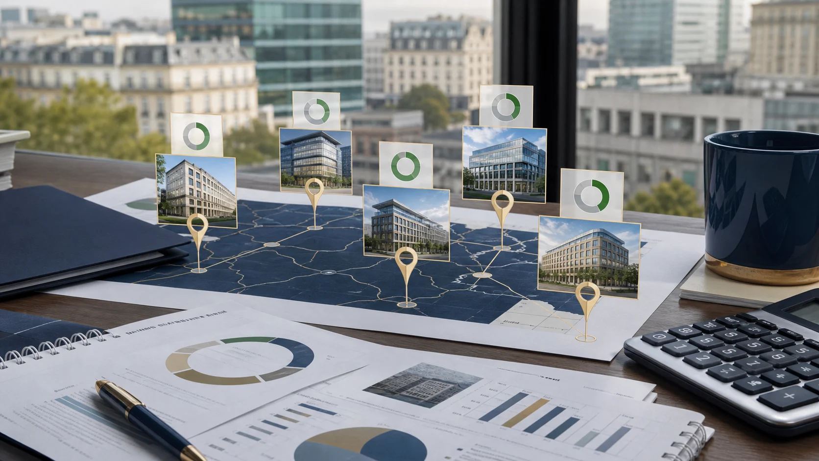 portefeuille immobilier de bureaux représenté par des fiches et des immeubles