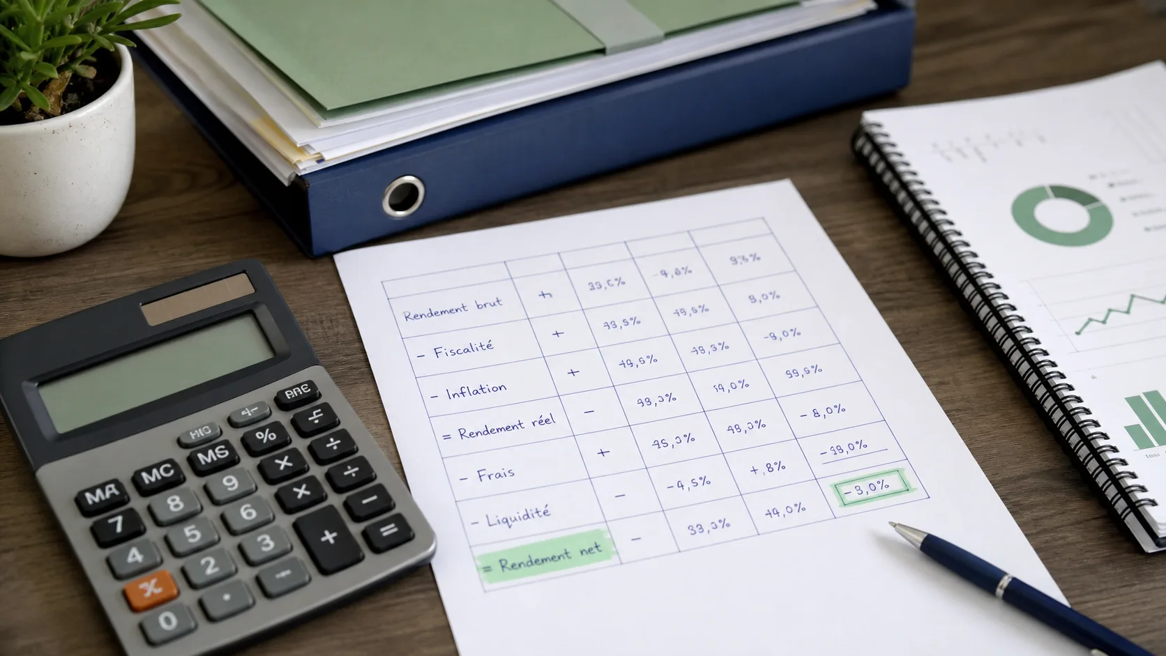 Calculatrice et feuille de calcul pour comparer rendement brut, fiscalité, inflation et liquidité